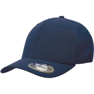 A navy blue cap with a curved brim and a logo on the side.