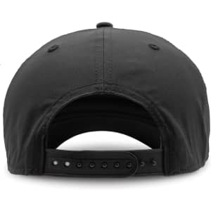 A black cap with an adjustable strap at the back, featuring a logo.