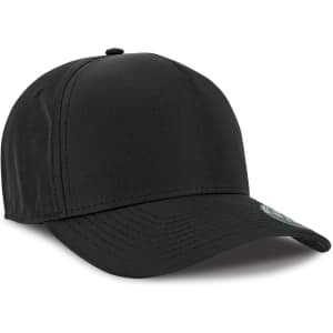 A black cap with a curved brim and a logo on the front. Features a structured design and a smooth fabric finish.
