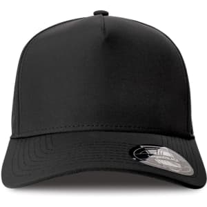 Black cap with a structured design and a logo on the side. Suitable for various outdoor activities.