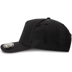 A black cap with a curved visor and a logo on the front, featuring a six-panel design.