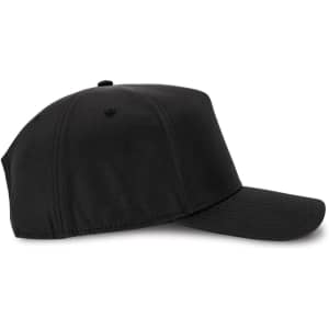 A black cap with a curved peak, featuring a simple design and a logo on the front.