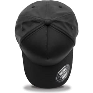 A black cap with a curved brim and a logo on the side, featuring six panels and vent eyelets.