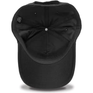 A black cap with a curved brim, featuring an interior view showcasing the lining and stitching details.