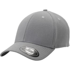 A grey cap with a curved brim and a branding logo on the front. It features a structured design and a fitted style.