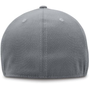 A grey cap with a smooth fabric finish and a rounded back, featuring stitching details and a logo.