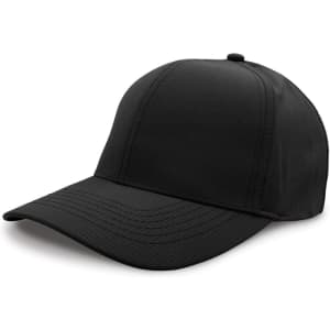 A black cap with a structured design and a curved brim. Features a logo on the side.