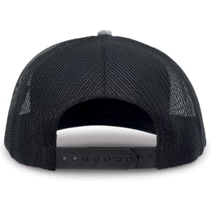 A black trucker cap featuring a mesh back and an adjustable strap. The interior is not visible.