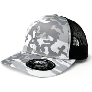 A grey and white camo trucker cap with a black mesh back and a logo on the front.