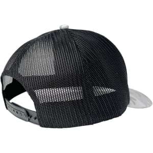 A trucker cap featuring a black mesh back and a grey front panel. It has an adjustable strap.