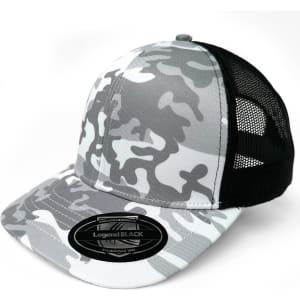 A grey and black camouflage trucker cap with a mesh backing and a branded logo patch.