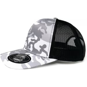 A grey and black camo trucker cap with a mesh back and a branded logo on the front.