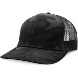A black camo trucker cap with a mesh back and a curved brim. The cap features a branding logo.