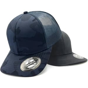A trucker cap featuring a dark camouflage pattern and a solid black design, both with mesh panels and logos.