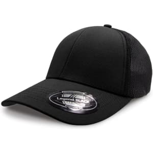 A black cap with a mesh back and a rounded peak, featuring a circular logo on the brim.