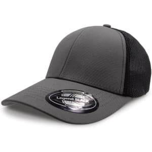 A grey cap with a structured front and mesh sides, featuring a logo on the brim.