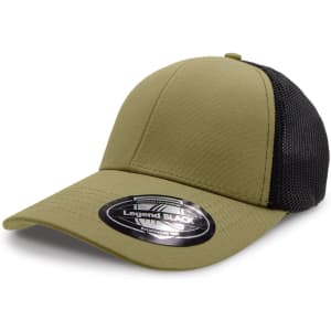 A cap with an olive green front and black mesh back, featuring a logo on the brim.