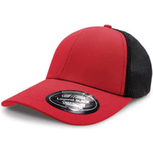 A red cap with a black mesh back and a branded logo on the front.