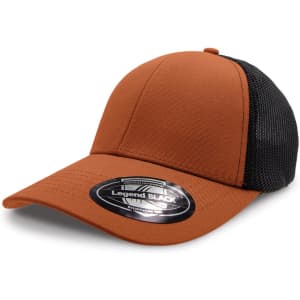 A cap featuring a brown front and black mesh back, complete with a logo on the front.