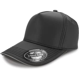 A black cap featuring a structured design and a logo on the front. Ideal for headwear collection.