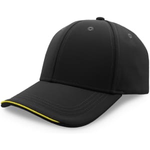 A black cap with a curved brim and yellow detailing, featuring a logo.