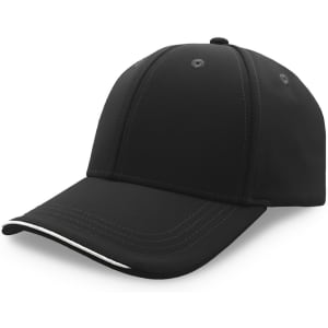 A black cap with a structured design and a white stripe along the brim, featuring a logo.