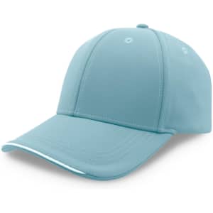 A light blue cap with a curved brim, featuring a logo on the front and contrasting stitching details.