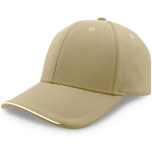 A beige cap with a rounded crown and a curved peak, featuring a logo on the front.