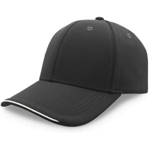 A black cap with a structured design and a contrasting white trim on the brim, featuring a logo.