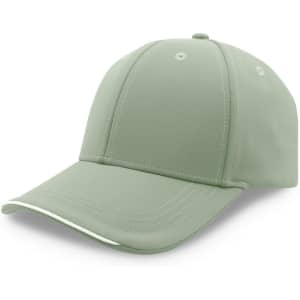 A green cap with a curved brim, featuring a logo on the front and detailing along the edge.