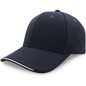 A navy cap with a structured design and a contrasting white stripe on the visor. Features a logo on the front.