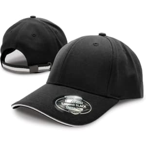 A black cap with a curved brim, featuring a logo and a rear adjustable strap.