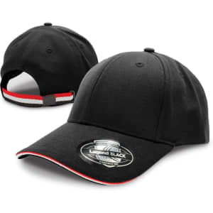 A black cap with a curved brim and a sporty design, featuring a logo and a contrasting band at the back.