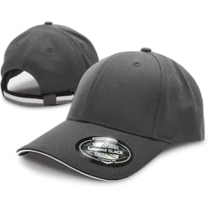 A black cap with a curved brim and a logo on the front. The back features an adjustable strap.