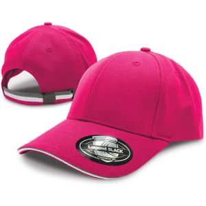 A pink cap featuring a curved brim and an adjustable strap, with a logo on the front.
