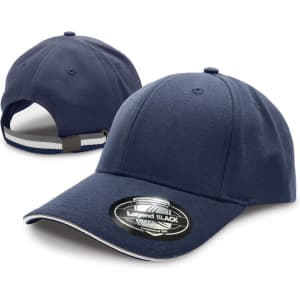 A navy blue cap with a curved brim and adjustable strap at the back, featuring a logo on the front.