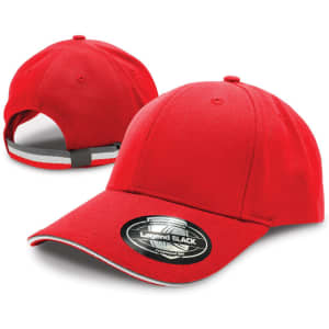 A red cap with a curved brim and an adjustable strap at the back, featuring a logo on the front.