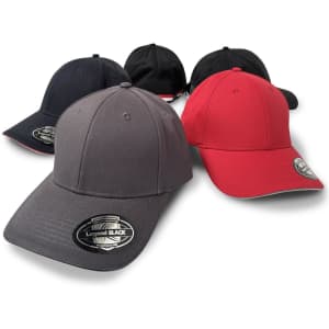 A collection of caps in red, grey, black, and navy, featuring a logo on the front.
