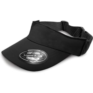 A black sports visor with a curved brim and a flexible band, featuring a logo on the front.