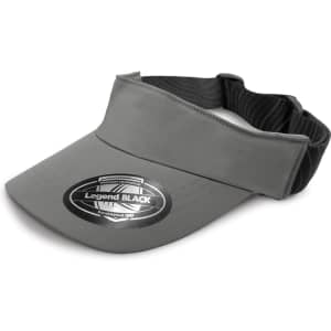 A grey visor with a wide brim and an adjustable black strap, featuring a logo on the front.