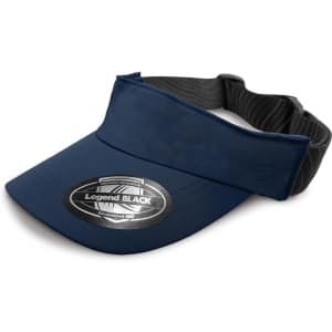 A navy blue sports visor with a black band and a branded logo on the front.