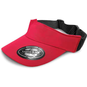 A red sports visor with a black adjustable band and a logo on the front.