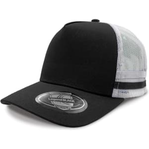 A black striped trucker cap with a mesh back and a logo on the front.