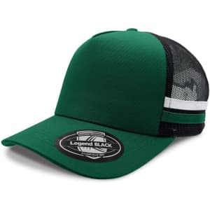 A green trucker cap with black mesh sides and a white stripe. It features a circular logo on the front.