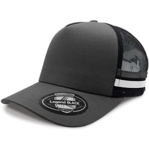 A grey trucker cap featuring a mesh back and a white stripe design. Includes a logo on the front.