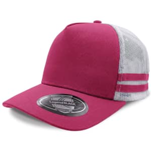 A pink trucker cap with a mesh back and three white stripes, featuring a logo on the front.