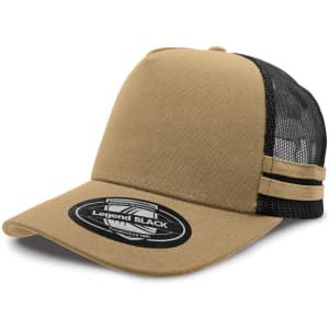 A khaki and black striped trucker cap featuring a mesh back and a circular logo on the front.