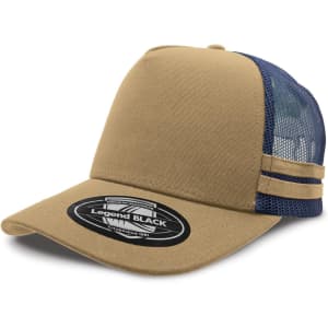 A tan and blue striped trucker cap with a logo on the front. The cap features mesh panels for ventilation.