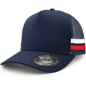 A navy trucker cap with a structured front, mesh sides, and striped detailing in red and white. It has a logo.