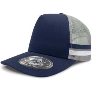 A navy blue trucker cap with a mesh back, featuring a flat brim and a logo on the front.